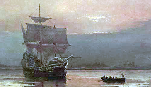 Le Mayflower dans le port de Plymouth peint par William Halsall (1882).